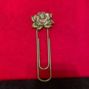 Beautiful Bookmark/ Page Marker- Floral Design- Pink/Green/Gold w/Clear Stones